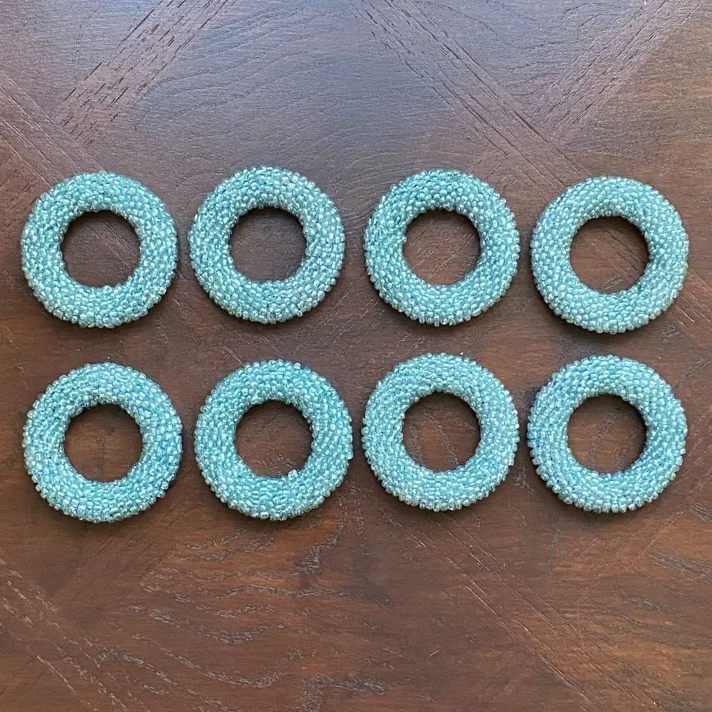 Pier 1 Vintage Light Blue Beaded Napkin Rings Set Of 8